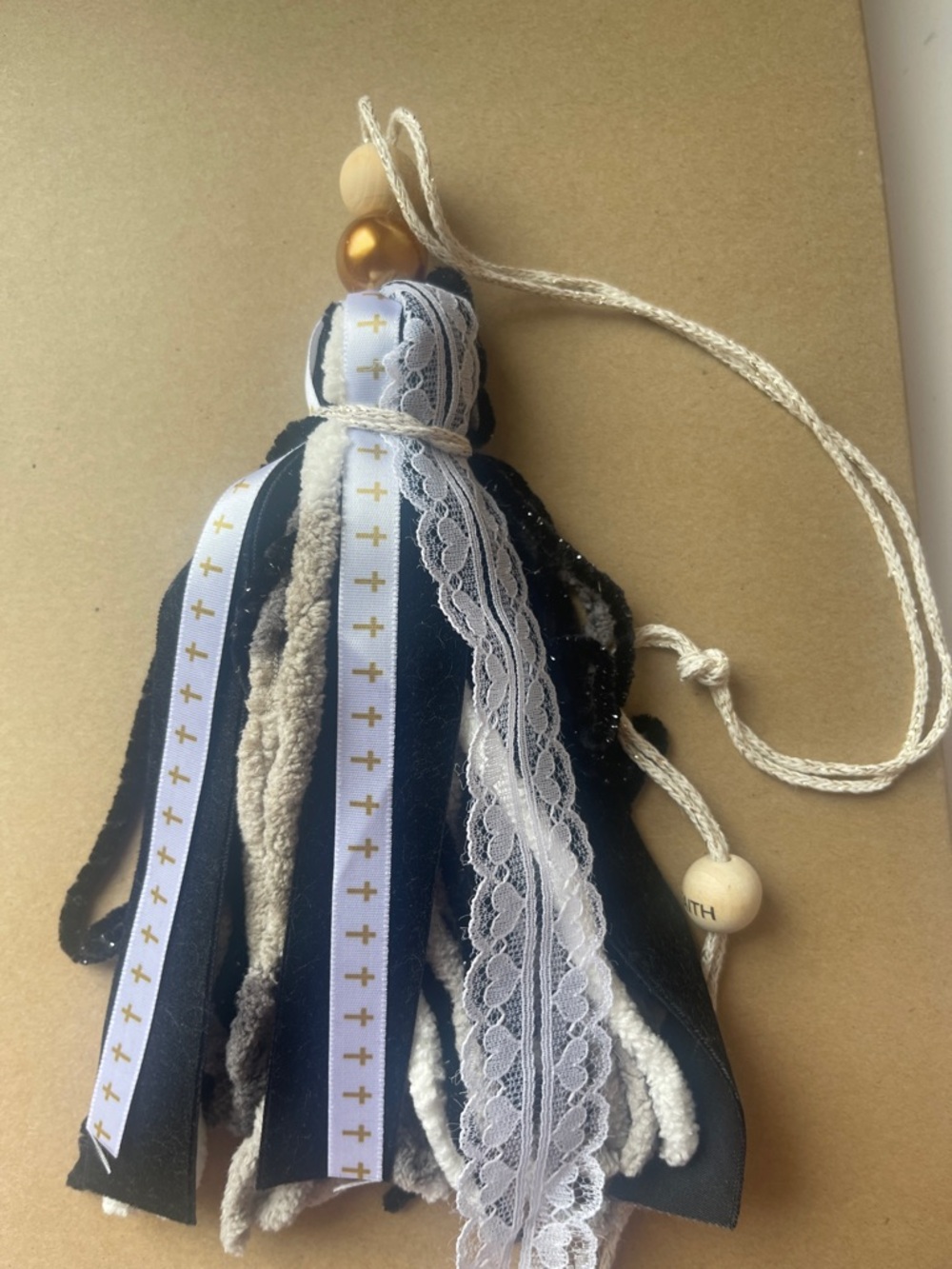 Black  and White Bible / Book Tassel Charm with Lace Accents .